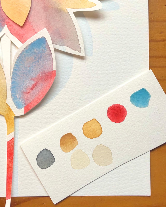 Color palette test strip with medium gray, mustards, poppy red, french blue, and oatmeal