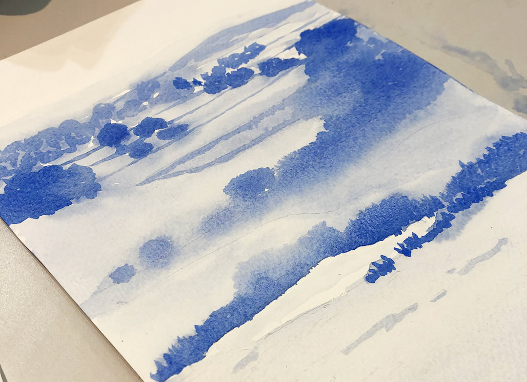 Blue monochrome painting of an English landscape.