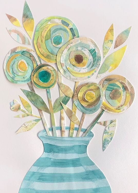Collage of blues, greens, and yellows circular ranunculus in a blue striped vase