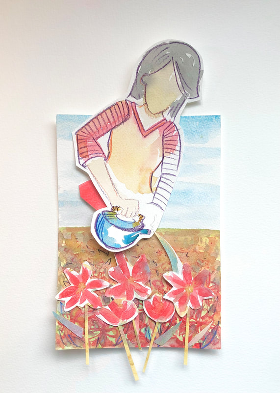 A field of red and gold watered by a woman looming overhead and holding a Japanese tea pot.