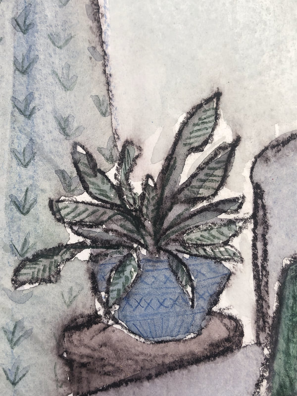 Detail of the leaf lines in decorative blue pot.