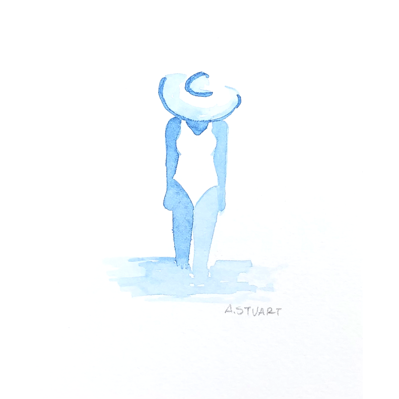 A blue monochromatic woman walking through the ocean, head down with a large hat covering her face