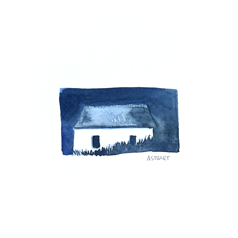 A monochromatic painting of a white cottage surrounded by indigo sky and tall grasses