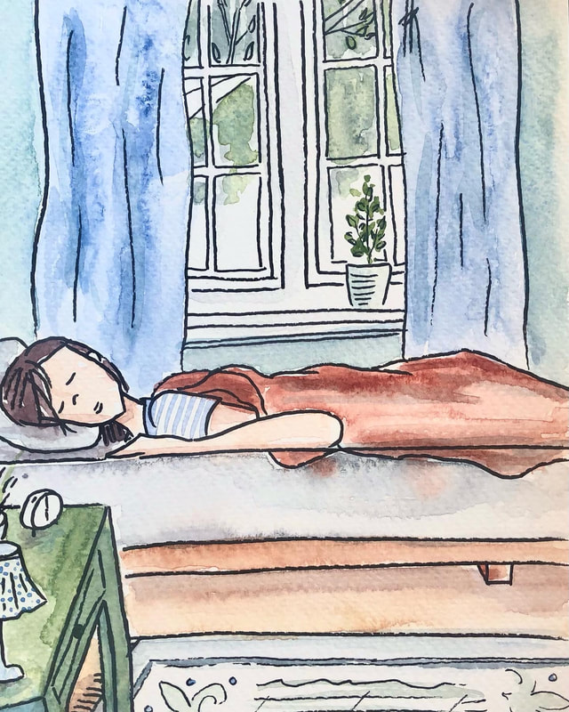 An illustration of a woman sleeping belly-down on her bed, blue curtains drawn to reveal a plant in the window and a tree outside, bedside clock reads 6:00