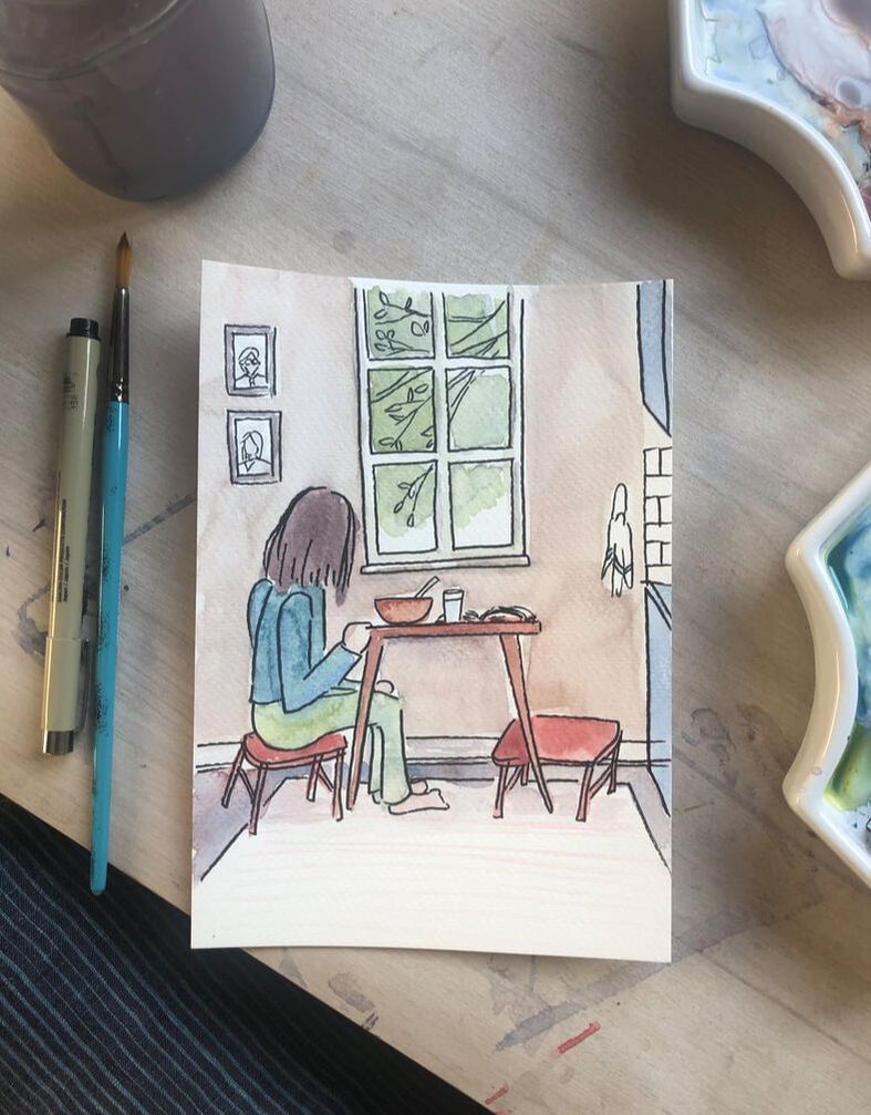 Illustration of a woman looking out of a window while she sits on a stool at a small dining table eating a bowl of food