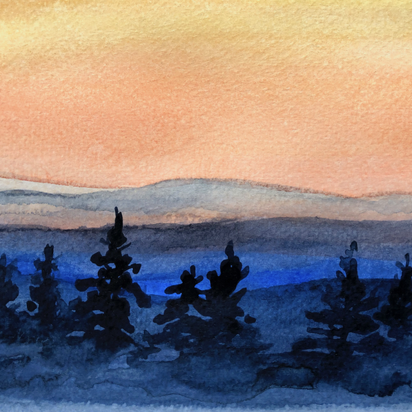 Dark blue pines sit in the foreground, fading blue mountains recede into a yellow, peach sky