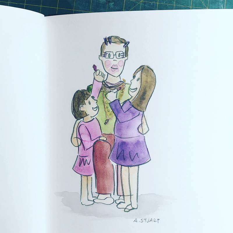 A sketch of a father allowing his daughters to decorate his face in makeup,, their faces full of delight
