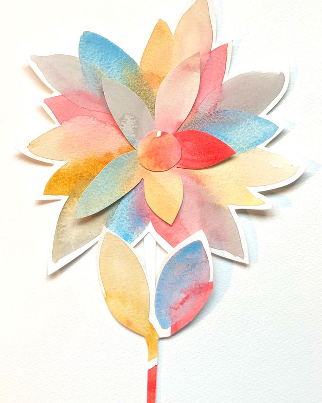 A rainbow of watercolors make a multi-petaled flower, two leaves, and stem