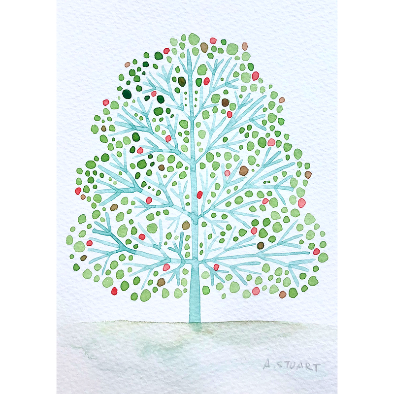 A spotted folk tree with green, red, and brown dots and a light blue trunk