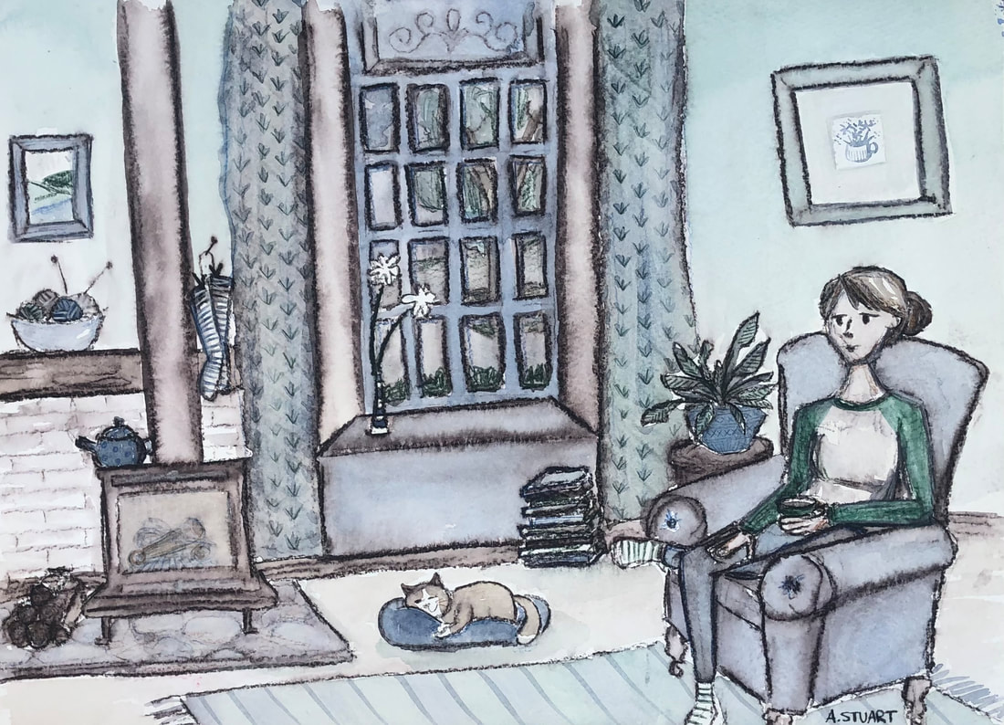 A watercolor pencil drawing of a woman sitting in a wingback chair enjoying a cuppa with her cat snuggled nearby, socks warming by the wood burner, and knitting waiting to be knit, large Georgian window in the background showing a tree and garden