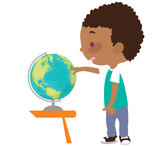 Illustration of boy pointing to map