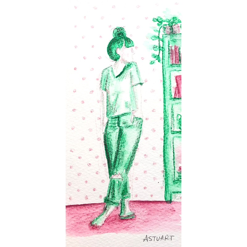 A sketch of a young woman posing near a bookcase, left leg crosses the right, hands in jeans pockets, shoulders shrugged to ears, looking over left shoulder
