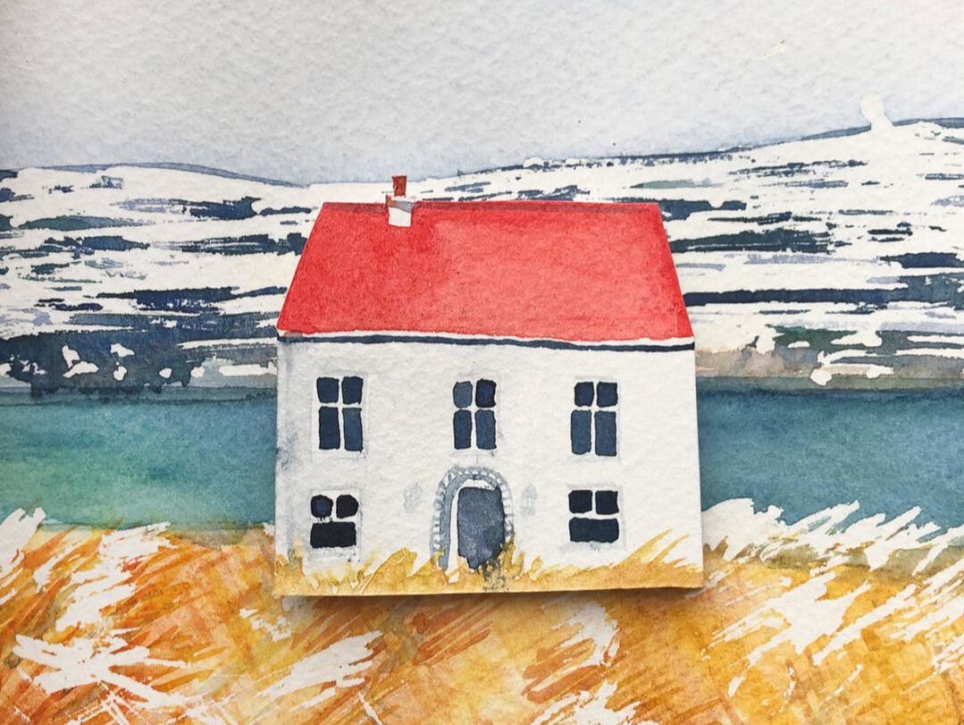 Example of a landscape piece featuring a Norwegian cottage with red roof sitting amongst a yellow field and blue mountain background