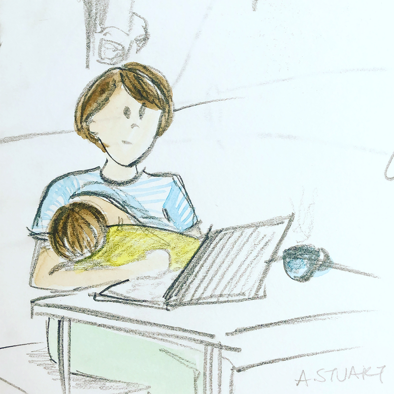Pencil sketch of a mother breastfeeding her baby while working on a laptop in a cafe, colored with watercolor